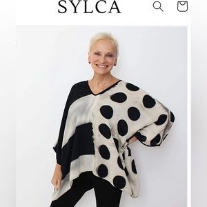 Sylca brand handmade in Thailand polka dot/striped shirt, no size tag, likely L